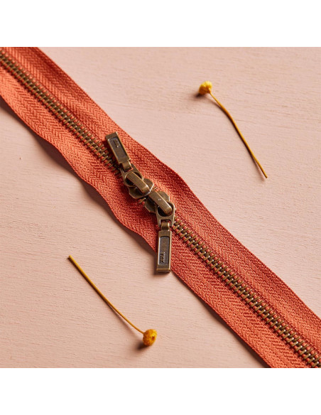 Double slider zipper Brass and Chestnut 40 cm - Atelier Brunette