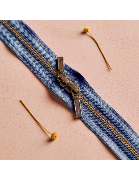 Double slider zipper Brass and Cobalt 40 cm - Atelier Brunette