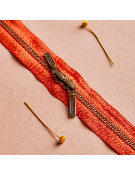 Double slider zipper Brass and Tangerine 40 cm - Atelier Brunette