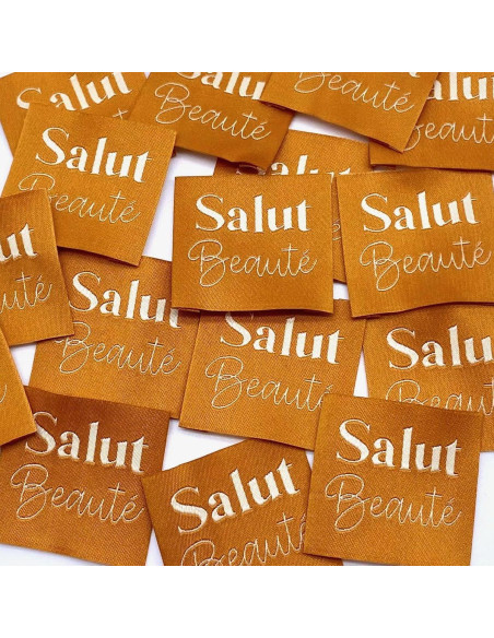 Set of 5 woven sew-on labels Hello Beauty - Saffron