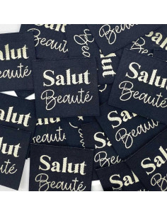 Set of 5 woven sew-on labels Hello Beauty - Black