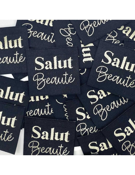 Set of 5 woven sew-on labels Hello Beauty - Black