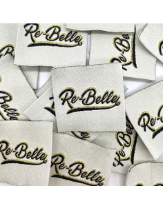 Set of 5 woven sew-on Re-Belle lurex labels