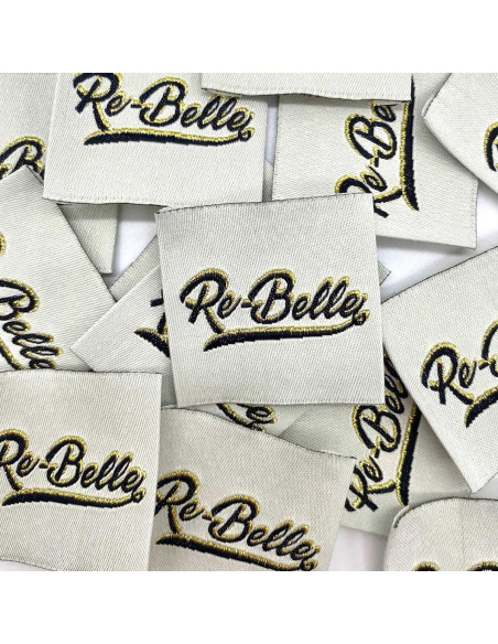 Set of 5 woven sew-on Re-Belle lurex labels