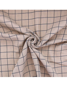 Double gauze fabric with checks - Pebble and indigo