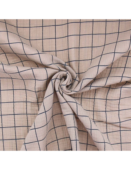 Double gauze fabric with checks - Pebble and indigo