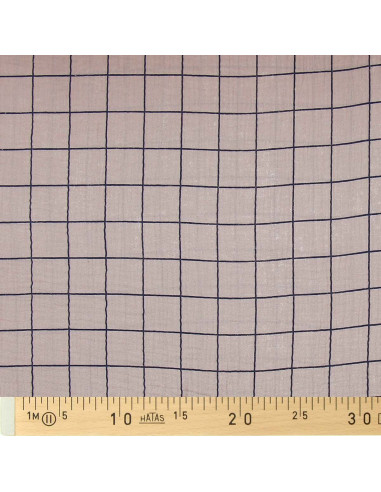 Double gauze fabric with checks - Pebble and indigo