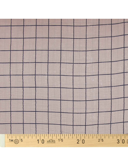 Double gauze fabric with checks - Pebble and indigo