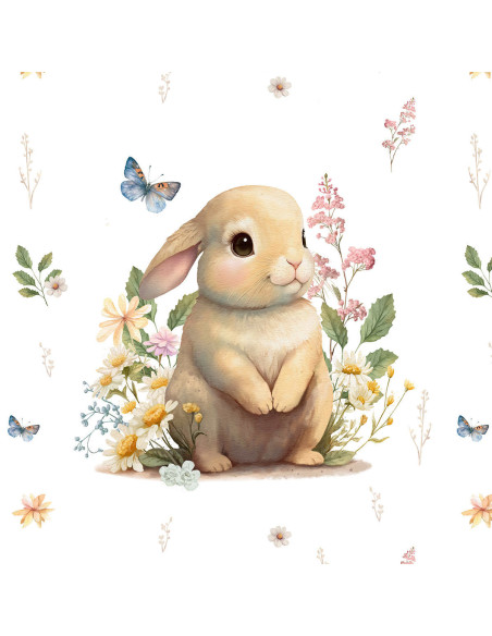 Lightweight sweatshirt fabric panel 40 cm x 50 cm - Rabbit in the clearing with an ecru background