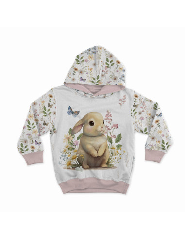 Lightweight sweatshirt fabric panel 40 cm x 50 cm - Rabbit in the clearing with an ecru background
