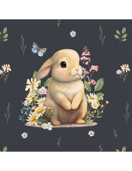 Lightweight sweatshirt fabric panel 40 cm x 50 cm - Rabbit in the clearing, dark gray background