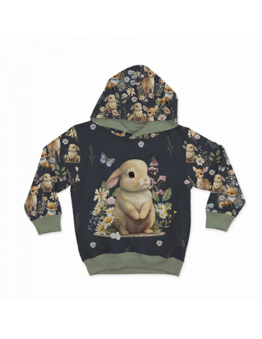Lightweight sweatshirt fabric panel 40 cm x 50 cm - Rabbit in the clearing, dark gray background