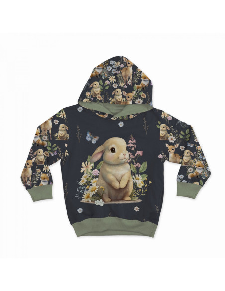 Lightweight sweatshirt fabric panel 40 cm x 50 cm - Rabbit in the clearing, dark gray background