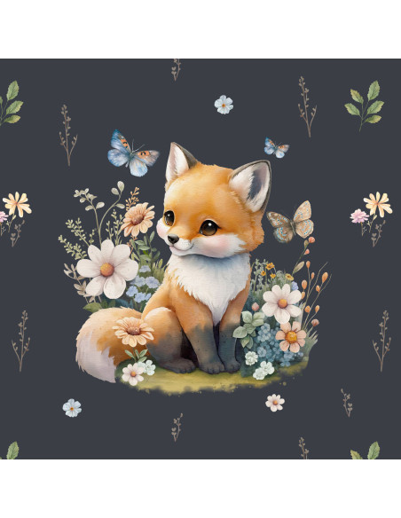 Lightweight sweatshirt fabric panel 40 cm x 50 cm - Fox in the clearing dark gray background