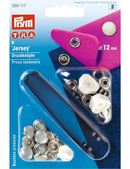 Box of 6 pearl jersey snap buttons with 12 mm tool