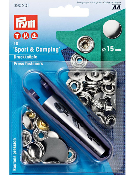 Box of 10 nickel sport camping snap buttons with 15 mm tool