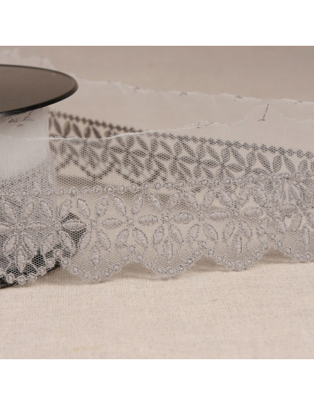 Rosette flower embroidered tulle - Medium gray