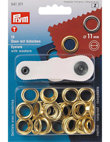 Box of 15 eyelets 11 mm with setting tool - Gold