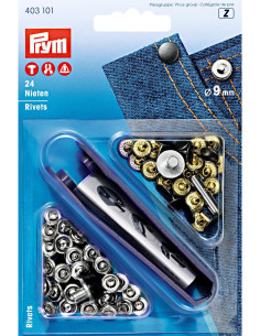 Box of 24 9 mm rivets with tool - Silver and Black