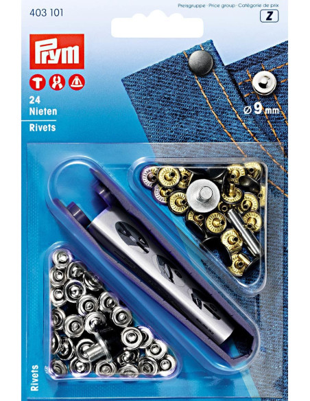 Box of 24 9 mm rivets with tool - Silver and Black