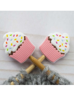 Pink cupcake stitch stoppers for knitting needles