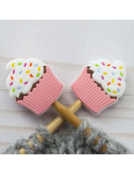 Pink cupcake stitch stoppers for knitting needles