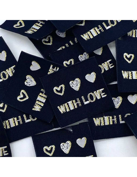 Set of 5 woven sew-on labels With Love lurex