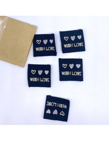 Set of 5 woven sew-on labels With Love lurex