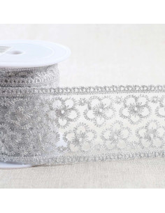 Metallic floral embroidery on tulle - Silver