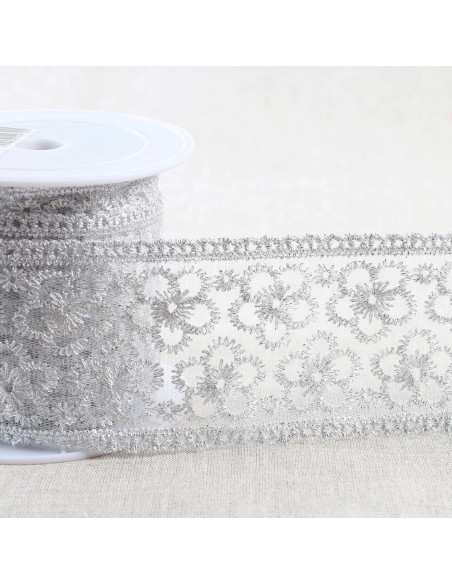 Metallic floral embroidery on tulle - Silver