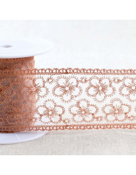 Metallic floral embroidery on tulle - Rose gold
