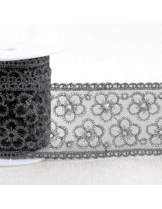Metallic floral embroidery on tulle - Black and silver