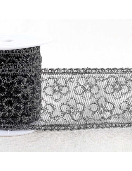 Metallic floral embroidery on tulle - Black and silver
