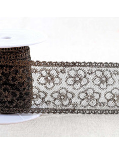 Metallic floral embroidery on tulle - Black and gold