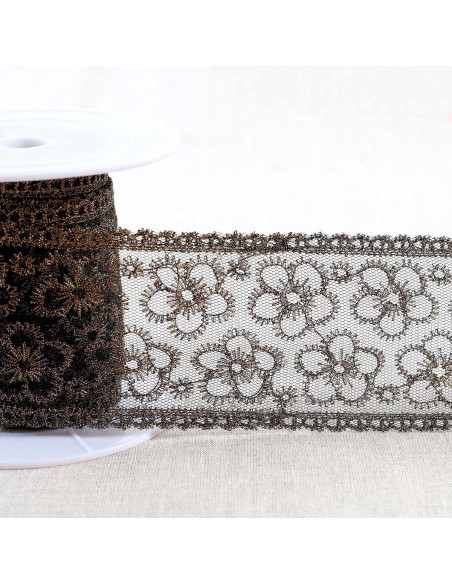 Metallic floral embroidery on tulle - Black and gold