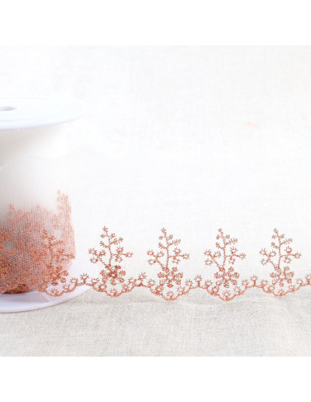 Metallic countryside embroidery on tulle - Rose gold