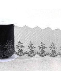Metallic countryside embroidery on tulle - Black and silver