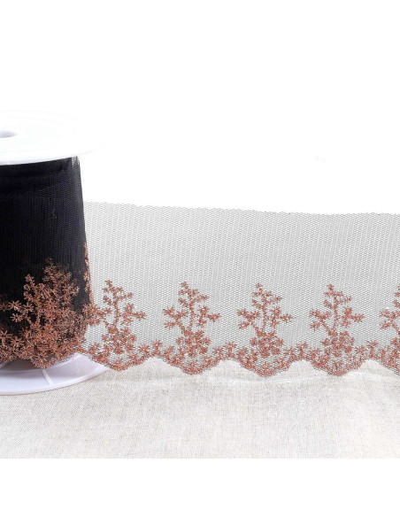 Metallic countryside embroidery on tulle - Black, gold, and pink