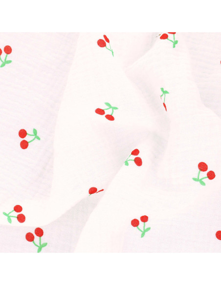 Double gauze cotton fabric - Cherries on white background