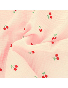 Double gauze cotton fabric - Cherries on pink background