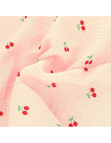 Double gauze cotton fabric - Cherries on pink background
