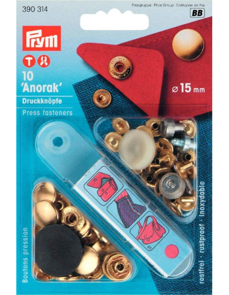 Box of 10 gold anorak snap buttons with 15 mm tool
