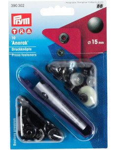 Box of 10 Bruni anorak snap buttons with 15 mm tool