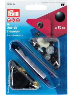 Box of 10 black anorak snap buttons with 15 mm tool