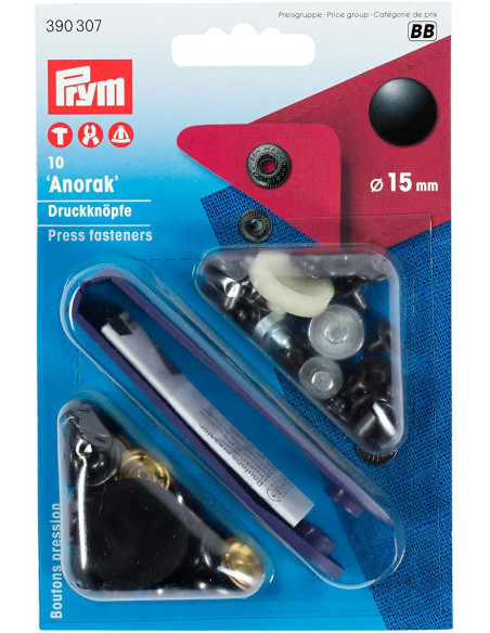 Box of 10 black anorak snap buttons with 15 mm tool