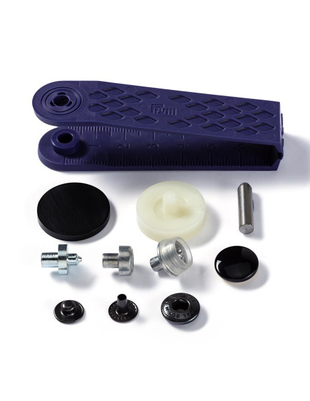 Box of 10 black anorak snap buttons with 15 mm tool
