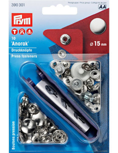 Box of 10 silver anorak snap buttons with 15 mm tool