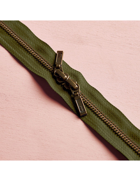 Double slider zipper Brass and Ivy Green 40 cm - Atelier Brunette
