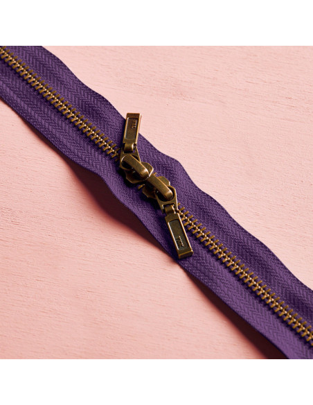 Double slider zipper Brass and Majestic Purple 40 cm - Atelier Brunette