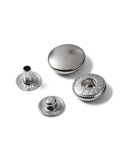 Box of 10 silver anorak snap buttons with 15 mm tool